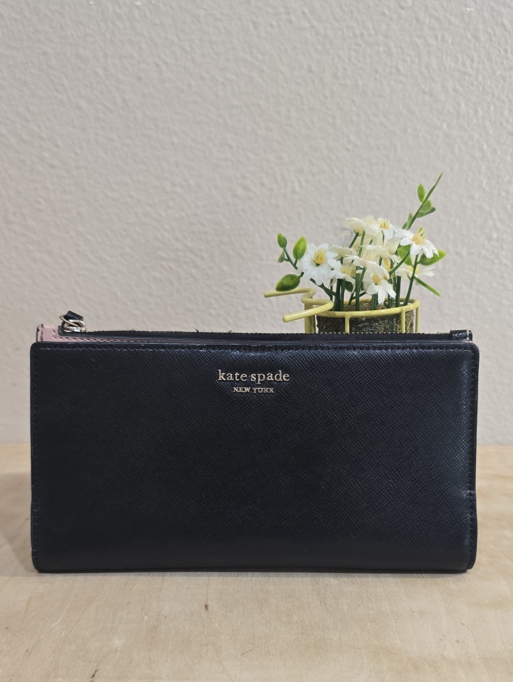 kate spade Black Zip-Around Saffiano Wallet with Pink Accent
